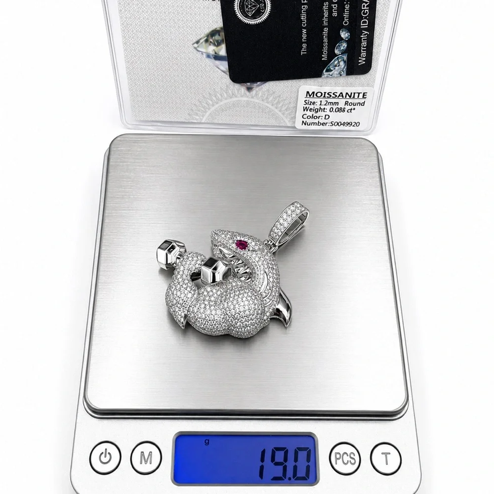 Iced Out Bodybuilder Shark Pendant - 925 Sterling Silver 3.90CT MOISSANITE